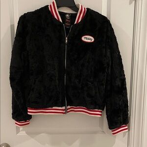 Disney Black Faux Fur Bomber Jacket with Red & White Trim